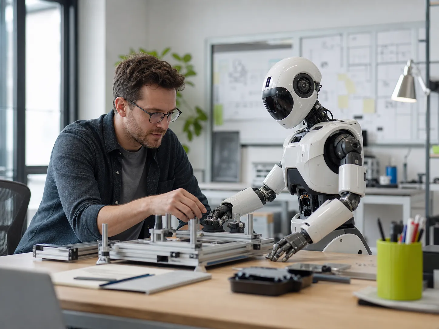 Softwareentwickler arbeitet mit einem kompakten Roboter an einem Automationsaufbau
