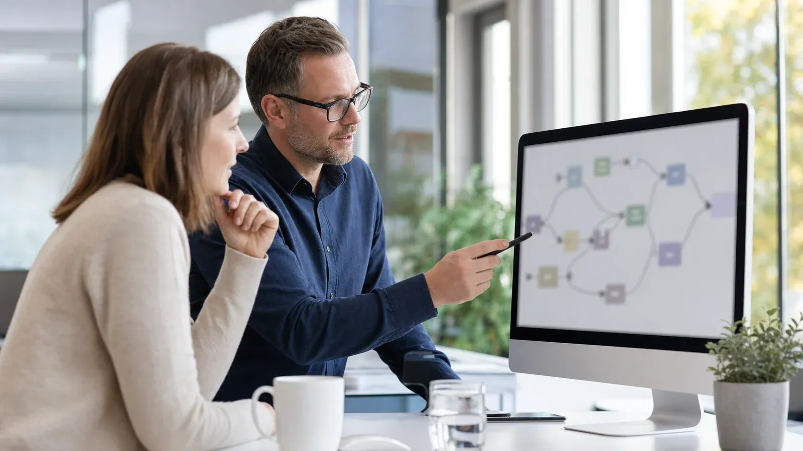 Zwei Kollegen besprechen ein Workflow-Diagramm am Monitor